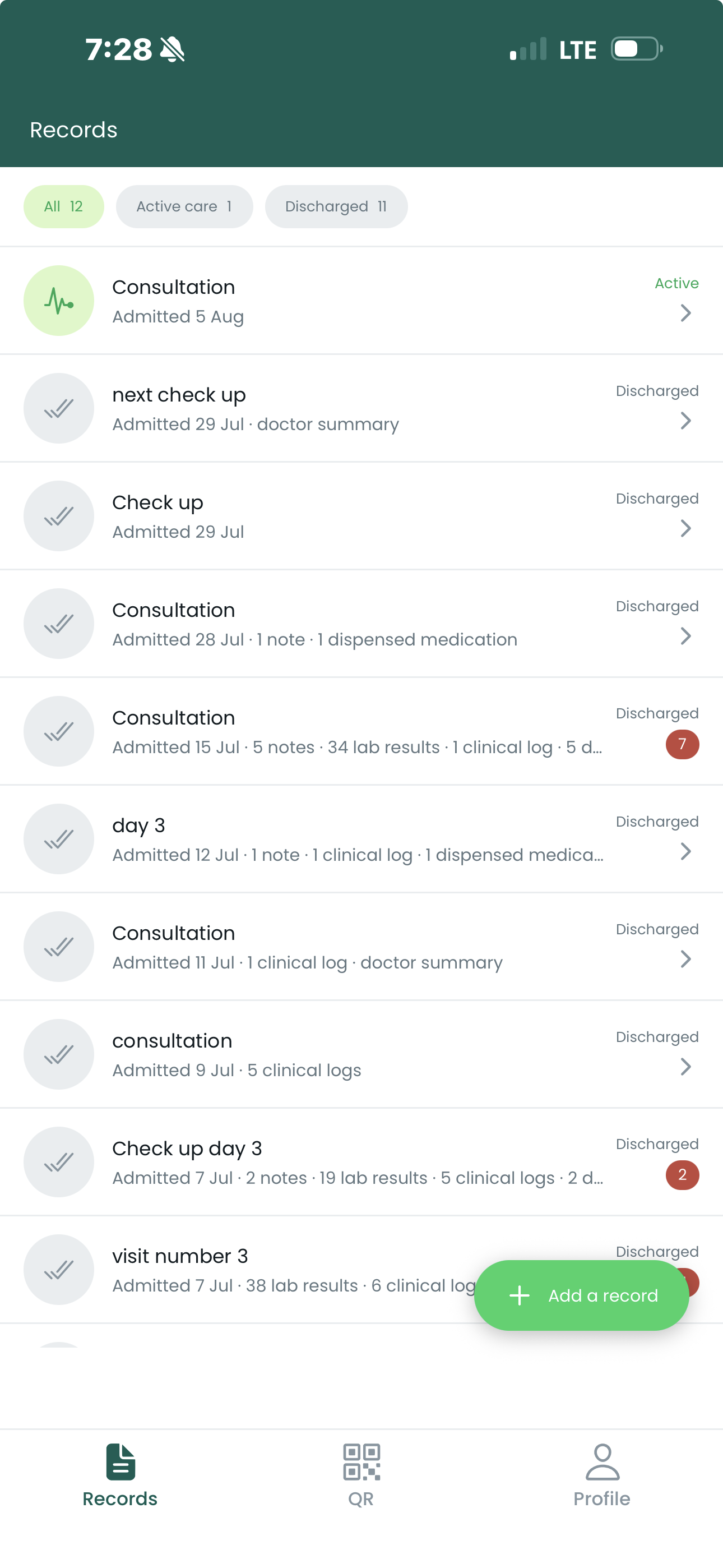 The HealOS Patient app showing a patient’s visit history as a single timeline.